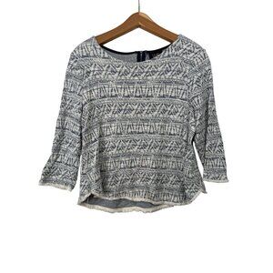 Anthropologie W5 Womens Top M Gray Geometric Print 3/4-Slv Zip-Back Boho Fringe